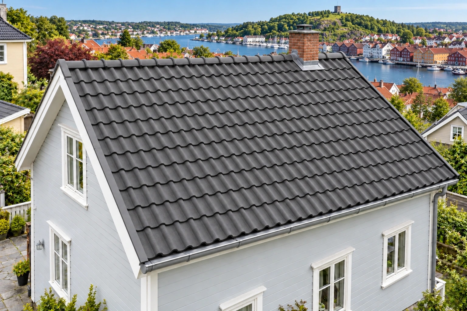 Illustrasjon av huset med ny takstein og nye beslag